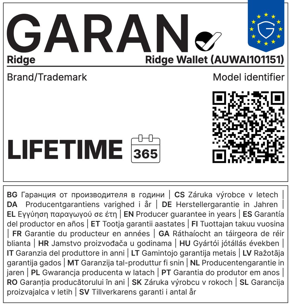 EU GARAN label: Ridge lifetime commercial guarantee of durability